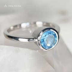 Aquamarine Solitaire Silver Ring - Size 8.5