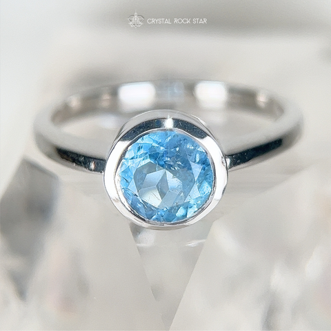 Aquamarine Solitaire Silver Ring - Size 8.5