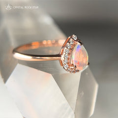 Rainbow Opal Pear Halo Rose Gold Ring