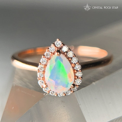 Rainbow Opal Pear Halo Rose Gold Ring