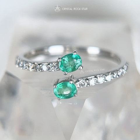 Emerald Silver Ring - Snake Wrap Around Pave