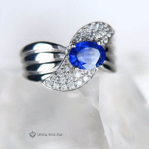 Blue Sapphire Oval Pave Wide Twist Band Ring