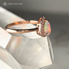 Rainbow Opal Pear Halo Rose Gold Ring