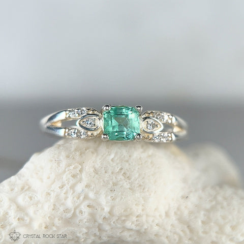 Columbian Emerald Asscher Cut Silver Ring Size 8