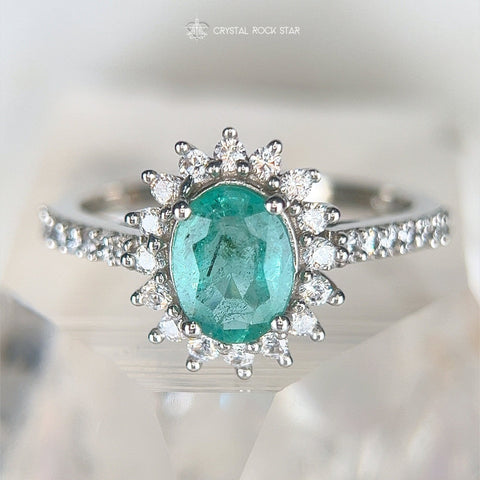 Emerald & Black Tourmaline Halo Sterling Silver Ring