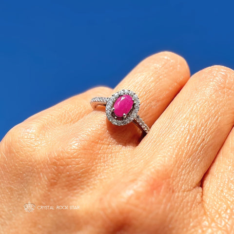 Pink Ruby Halo Pave Sterling Silver Ring