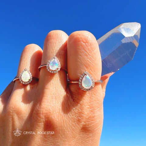 Rainbow Opal Pear Halo Rose Gold Ring