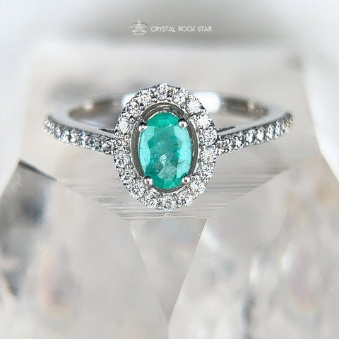 Emerald Halo Sterling Silver Pave Ring Size 7