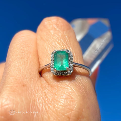 Emerald Cut Halo Sterling Silver Ring 1.1ct Size 9