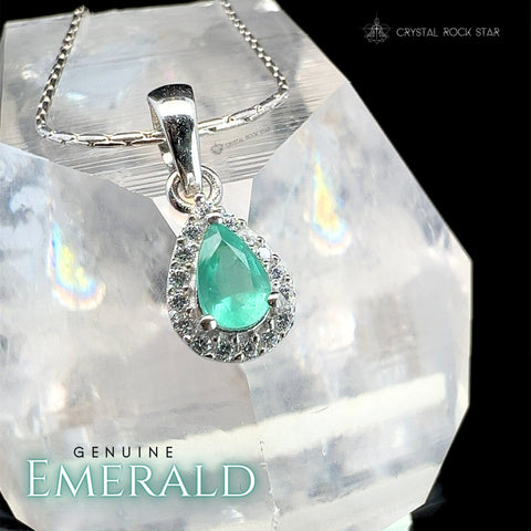 Genuine Emerald Pear Pendant Silver Necklace