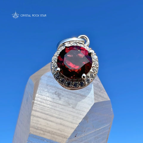 Garnet Solitaire Halo Sterling Silver Pendant