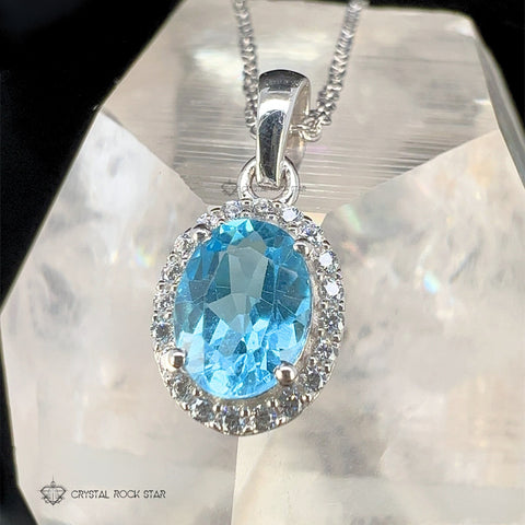 Blue Topaz Halo Sterling Silver Necklace