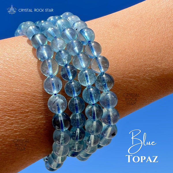 Blue Topaz Beaded Stretch Bracelet 6mm Crystal Beads Womens