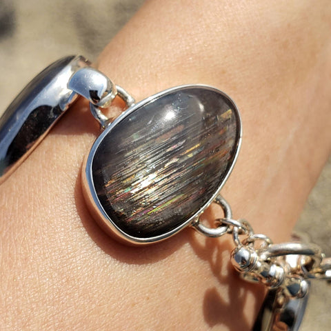 Rainbow Sunstone Chunky Silver Bracelet