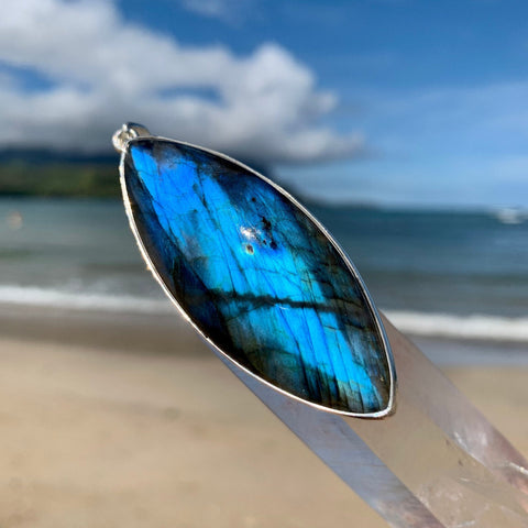 Blue Labradorite Surfboard 3" Silver Pendant