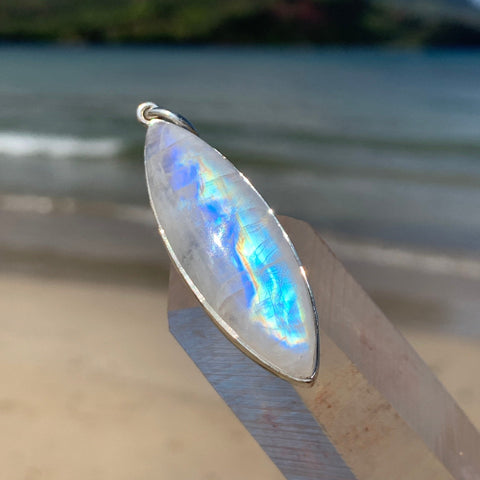 Rainbow Moonstone Surfboard Silver Pendant