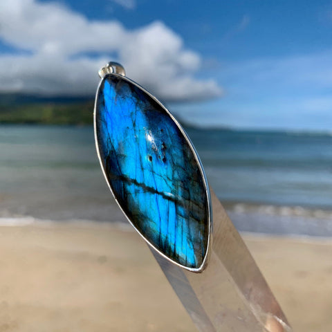 Blue Labradorite Surfboard 3" Silver Pendant