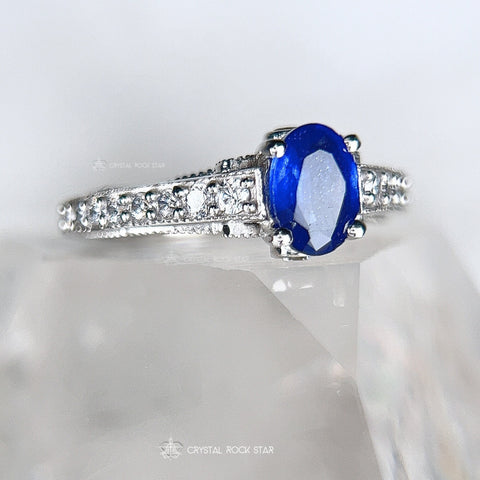 Blue Sapphire Oval Art Deco Sterling Silver Ring