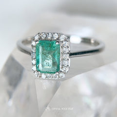 Natural Emerald Cut Halo Sterling Silver Ring Size 8