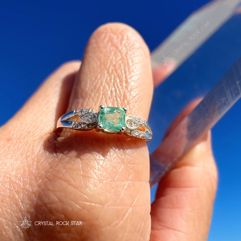Columbian Emerald Asscher Cut Silver Ring Size 8