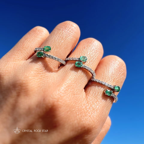 Emerald Silver Ring - Snake Wrap Around Pave