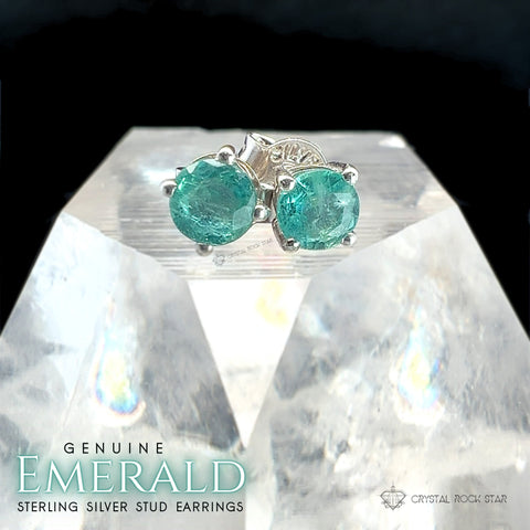 Genuine Emerald Sterling Silver Stud Earrings