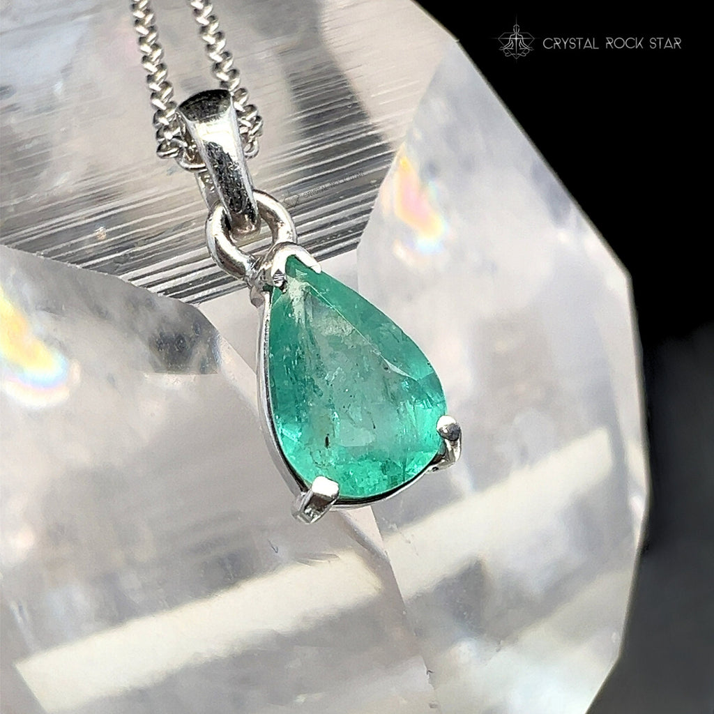 Genuine Emerald Sterling Silver Necklace Pear Cut Crystal Pendant ...