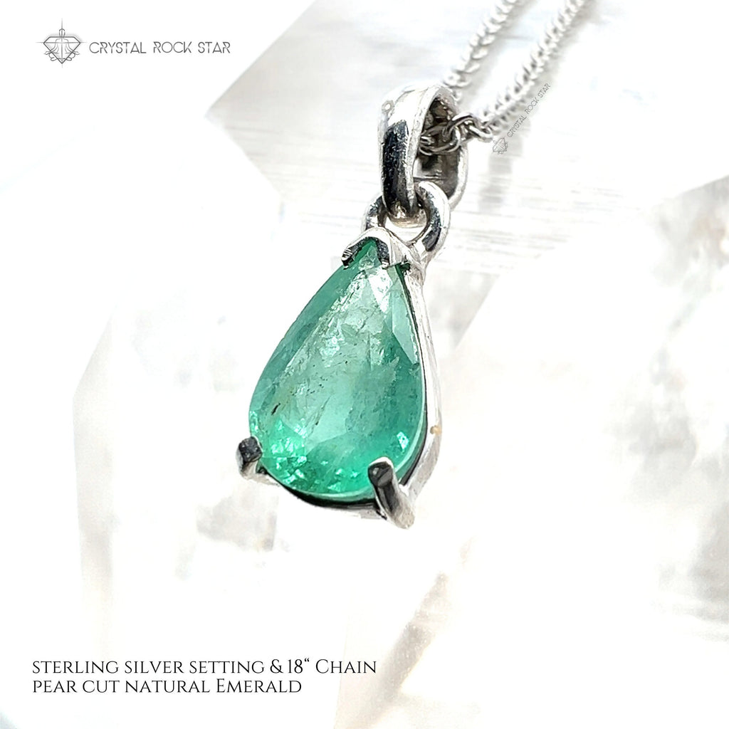 Genuine Emerald Sterling Silver Necklace Pear Cut Crystal Pendant 