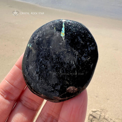 Greenland Nuummite Palm Stone, Rare Blue Flash