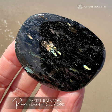 Rare Rainbow Flash Nuummite Palm Stone 1.9"