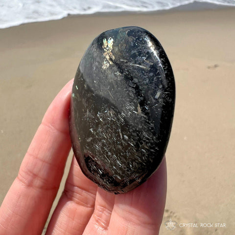 Greenland Nuummite Palm Stone, Rare Blue Flash