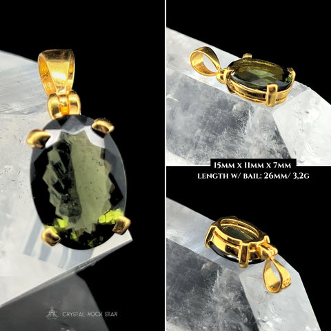 Moldavite Gold Pendant Genuine Faceted Oval