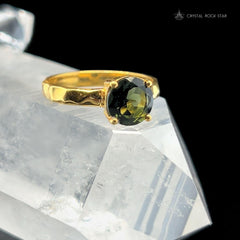 Genuine Moldavite Gold Ring Round Faceted Size 8