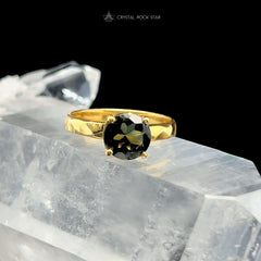Genuine Moldavite Gold Ring Round Faceted Size 8
