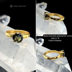 Genuine Moldavite Gold Ring Round Faceted Size 8