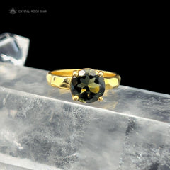 Genuine Moldavite Gold Ring Round Faceted Size 8