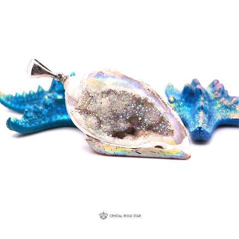 Rainbow Aura Crystal Spiralite Seashell Pendant