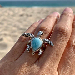 Larimar Sea Turtle Silver Ring Size 4.75