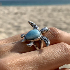 Larimar Sea Turtle Silver Ring Size 4.75